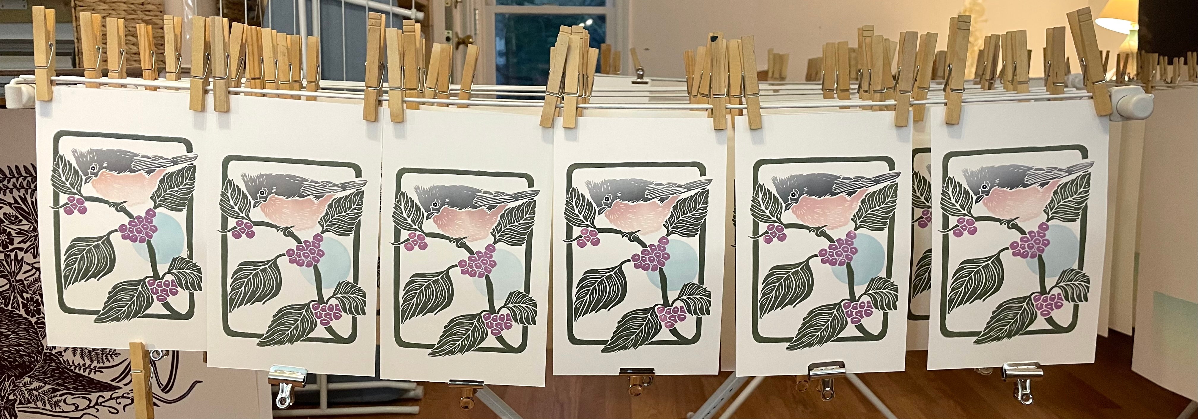 Titmouse and Beautyberry Mini Block Print with 8x10 matboard, Limited Edition of 90