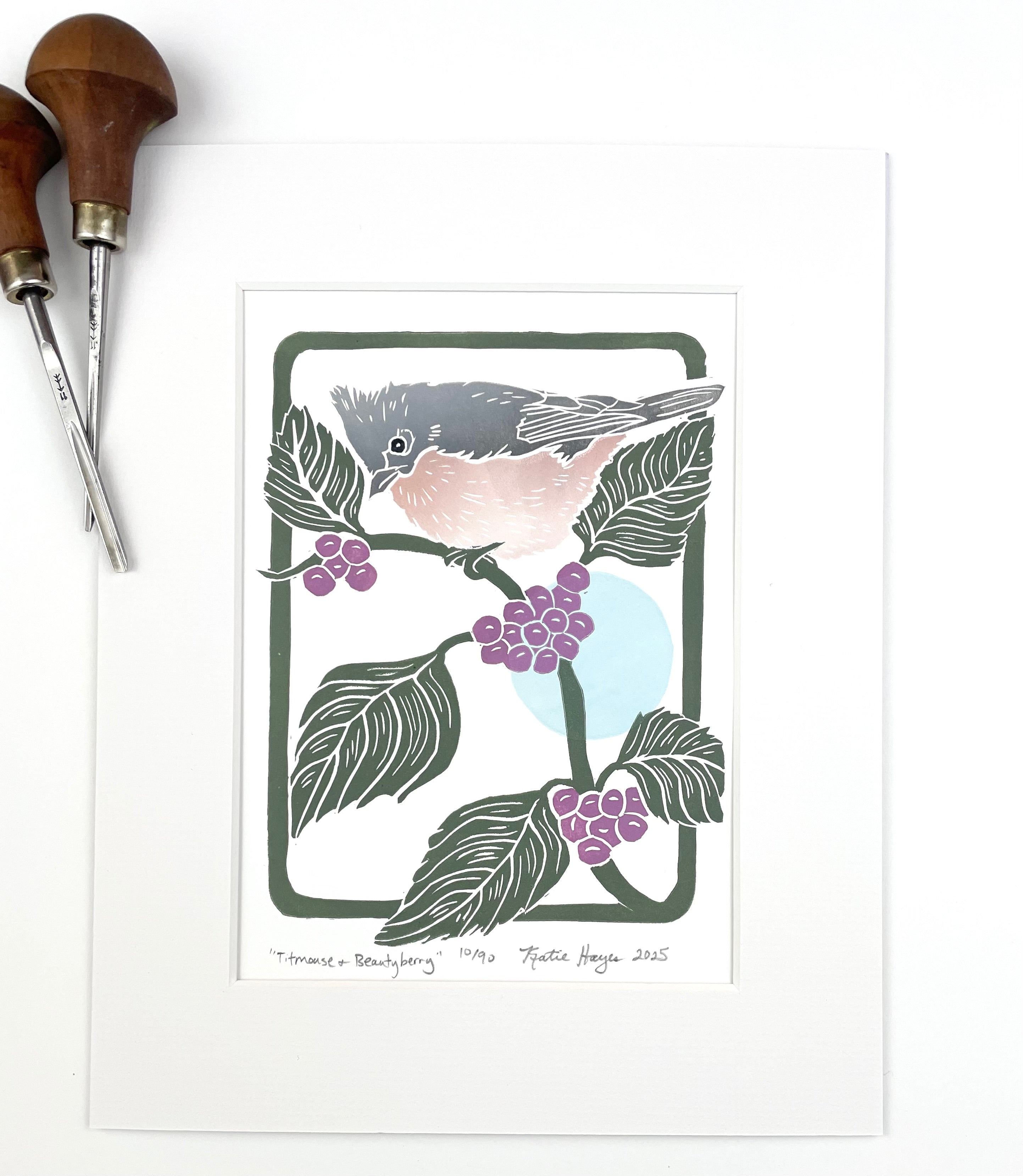 Titmouse and Beautyberry Mini Block Print with 8x10 matboard, Limited Edition of 90