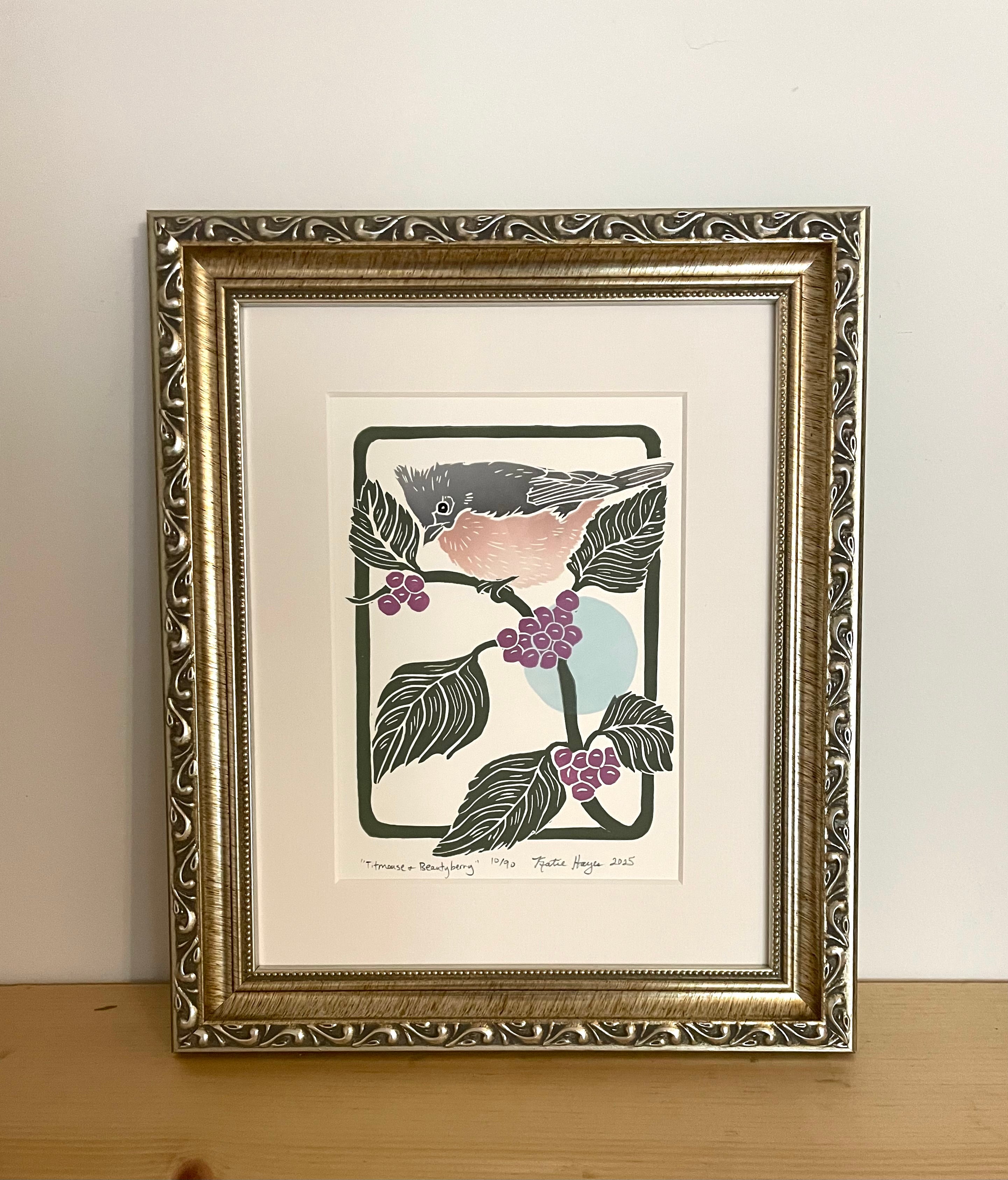 Titmouse and Beautyberry Mini Block Print with 8x10 matboard, Limited Edition of 90