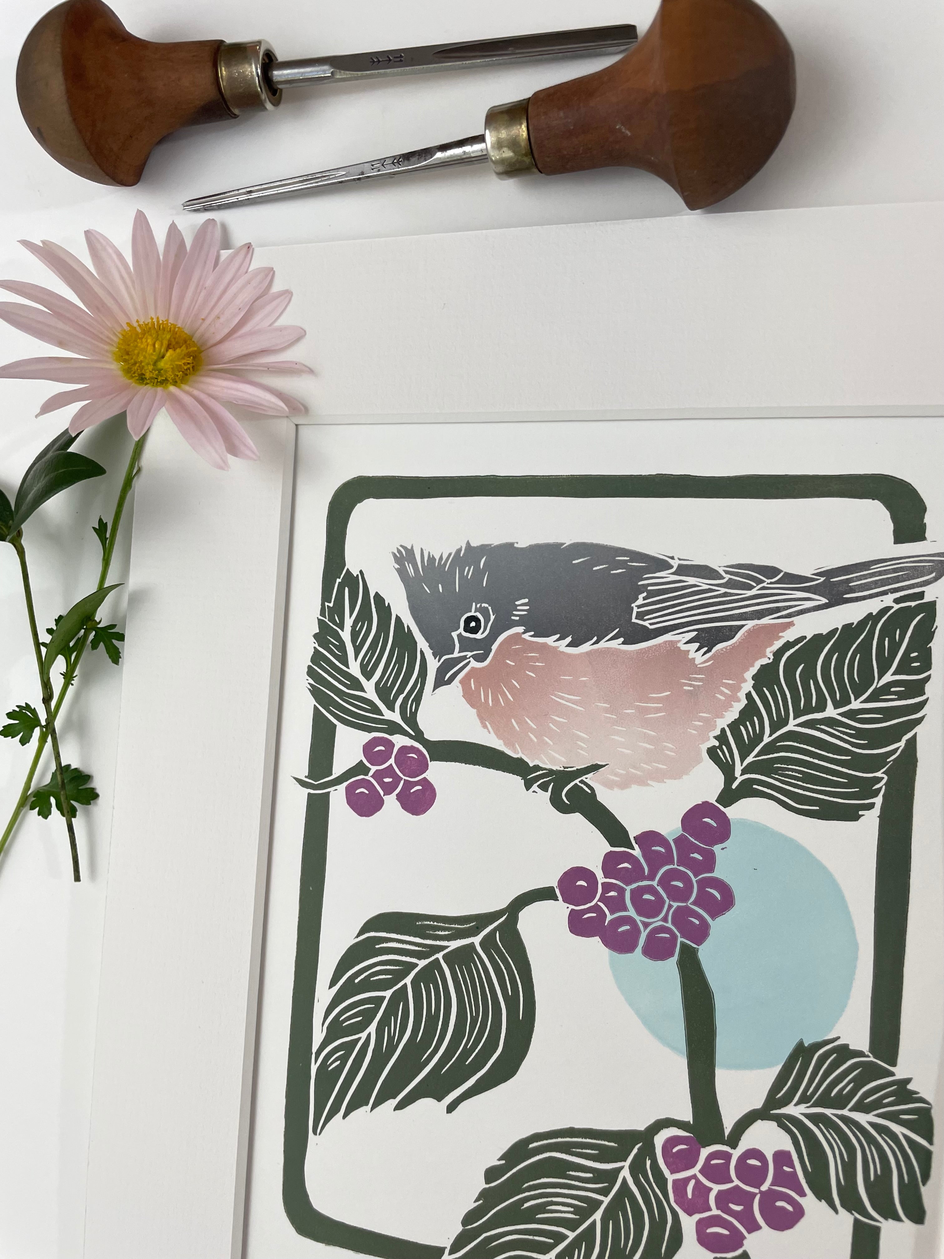 Titmouse and Beautyberry Mini Block Print with 8x10 matboard, Limited Edition of 90