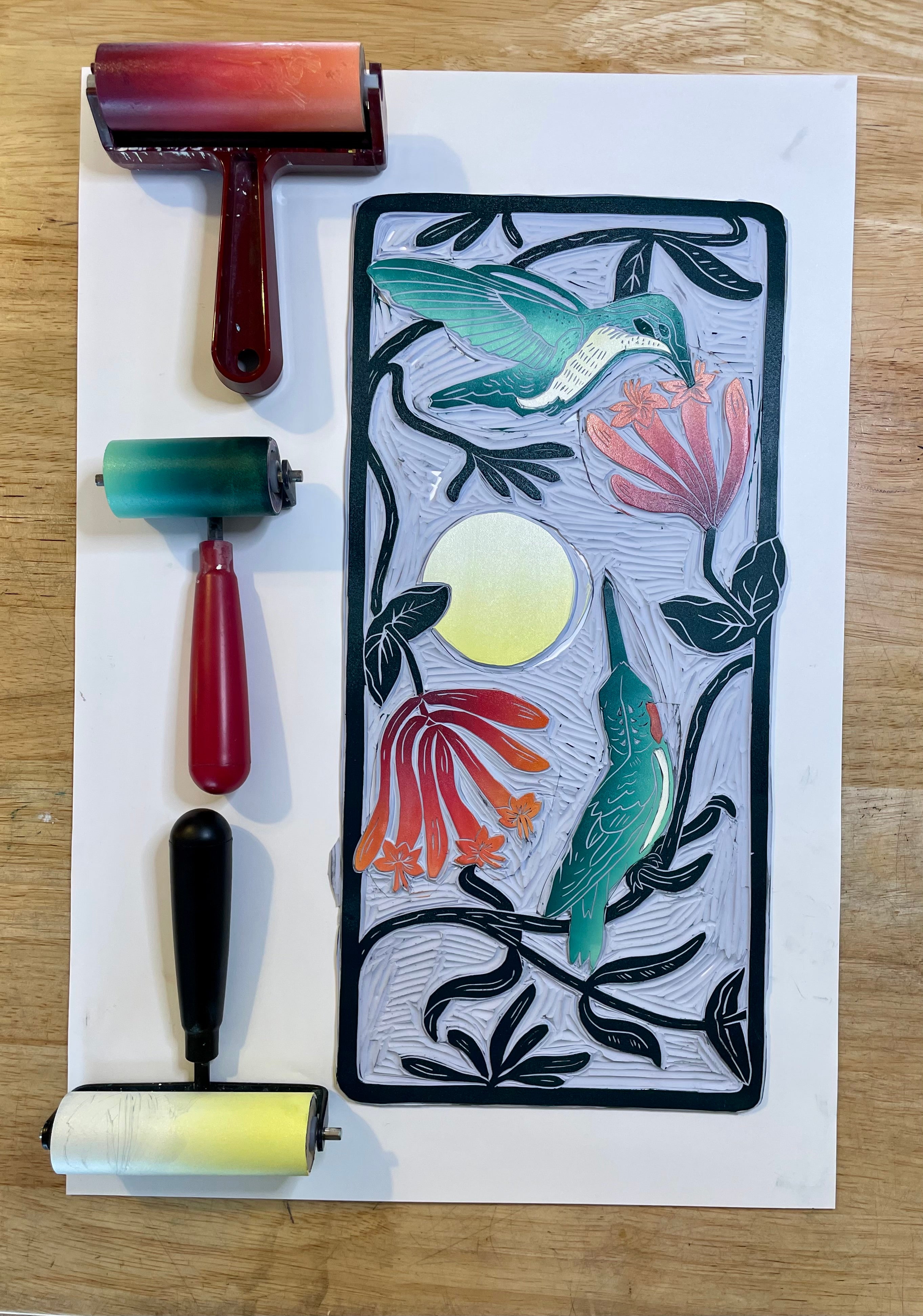 Hummingbird Sunrise. Limited Edition block print with 13x19 mat