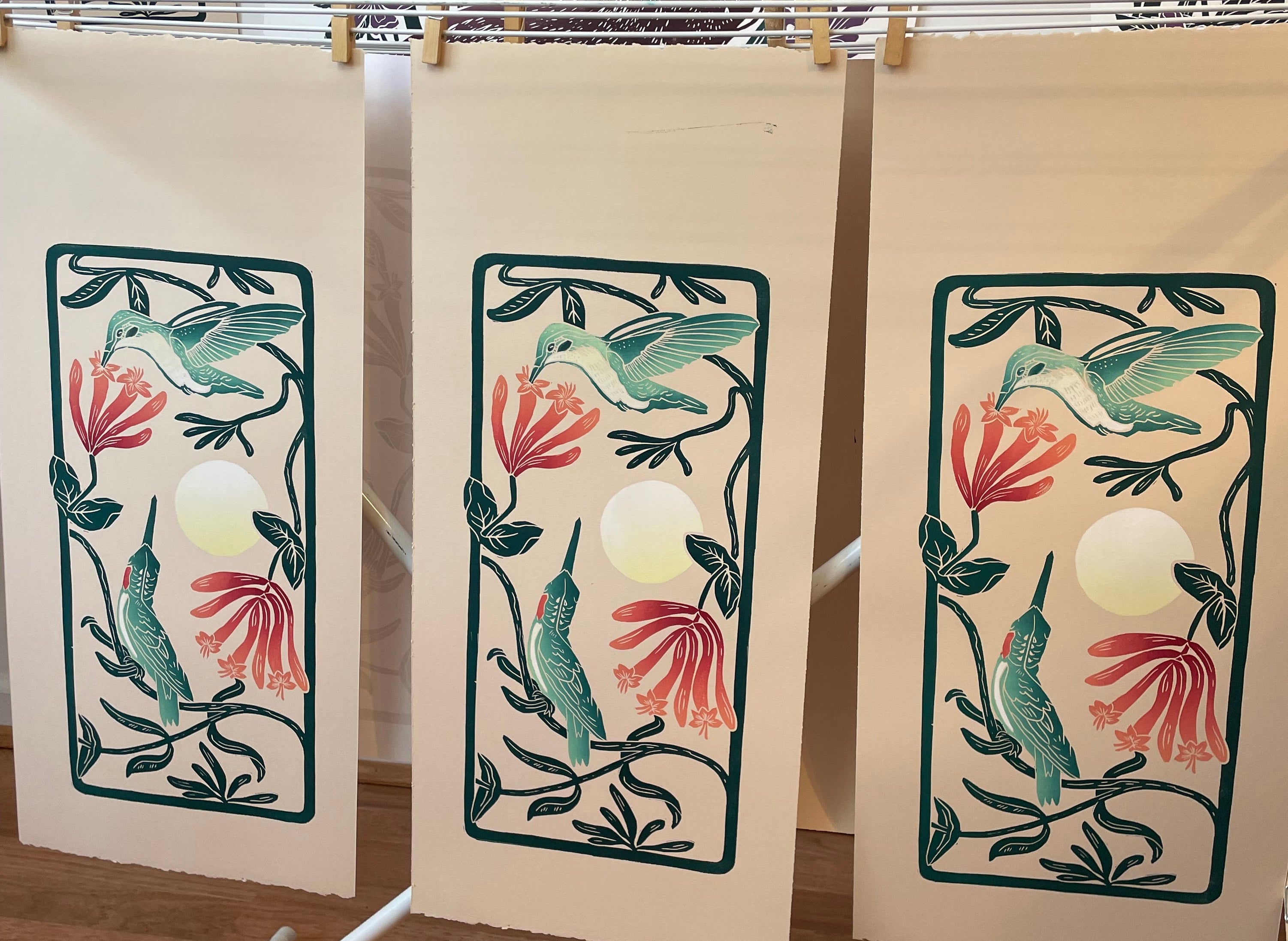Hummingbird Sunrise. Limited Edition block print with 13x19 mat