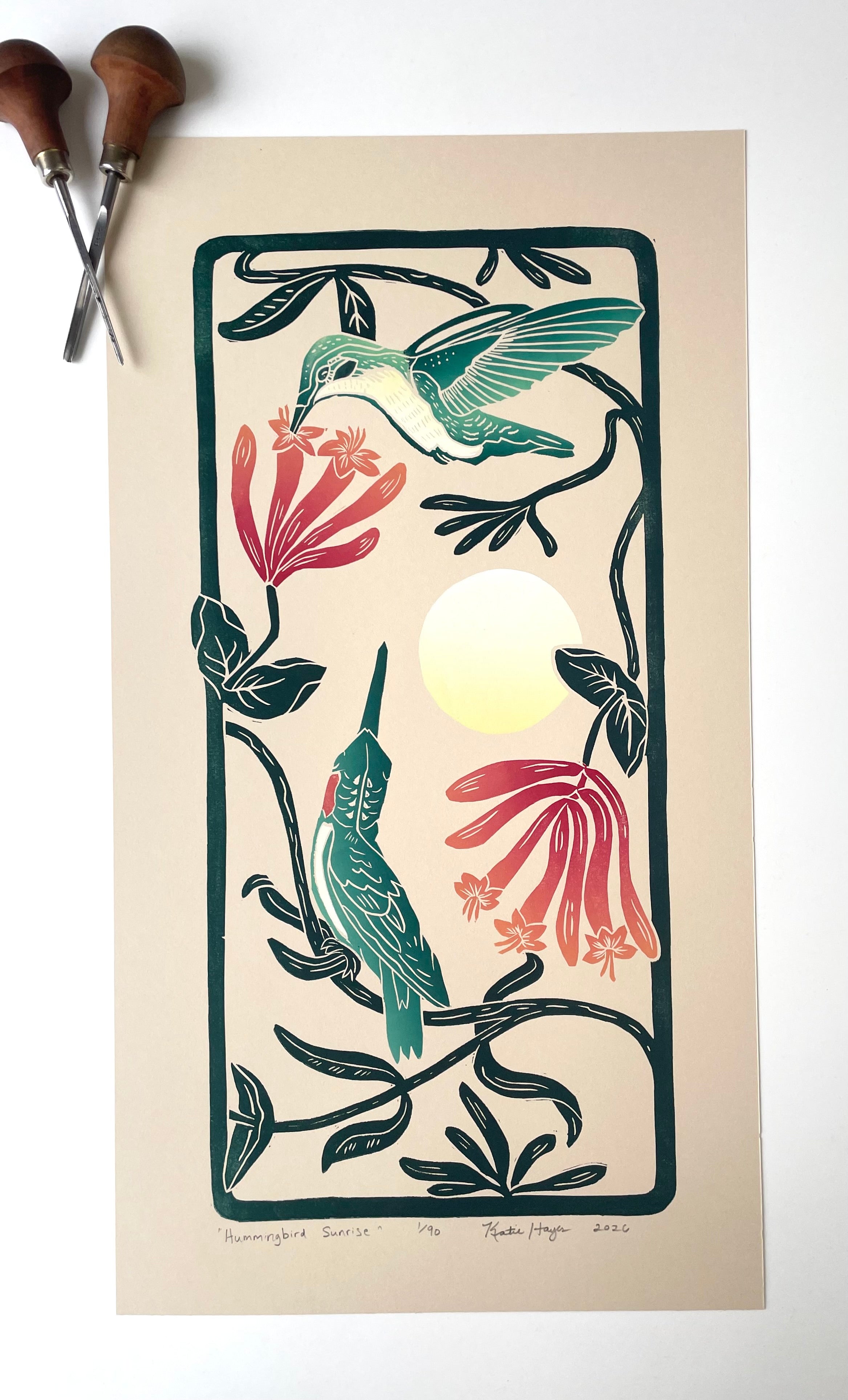 Hummingbird Sunrise. Limited Edition block print with 13x19 mat