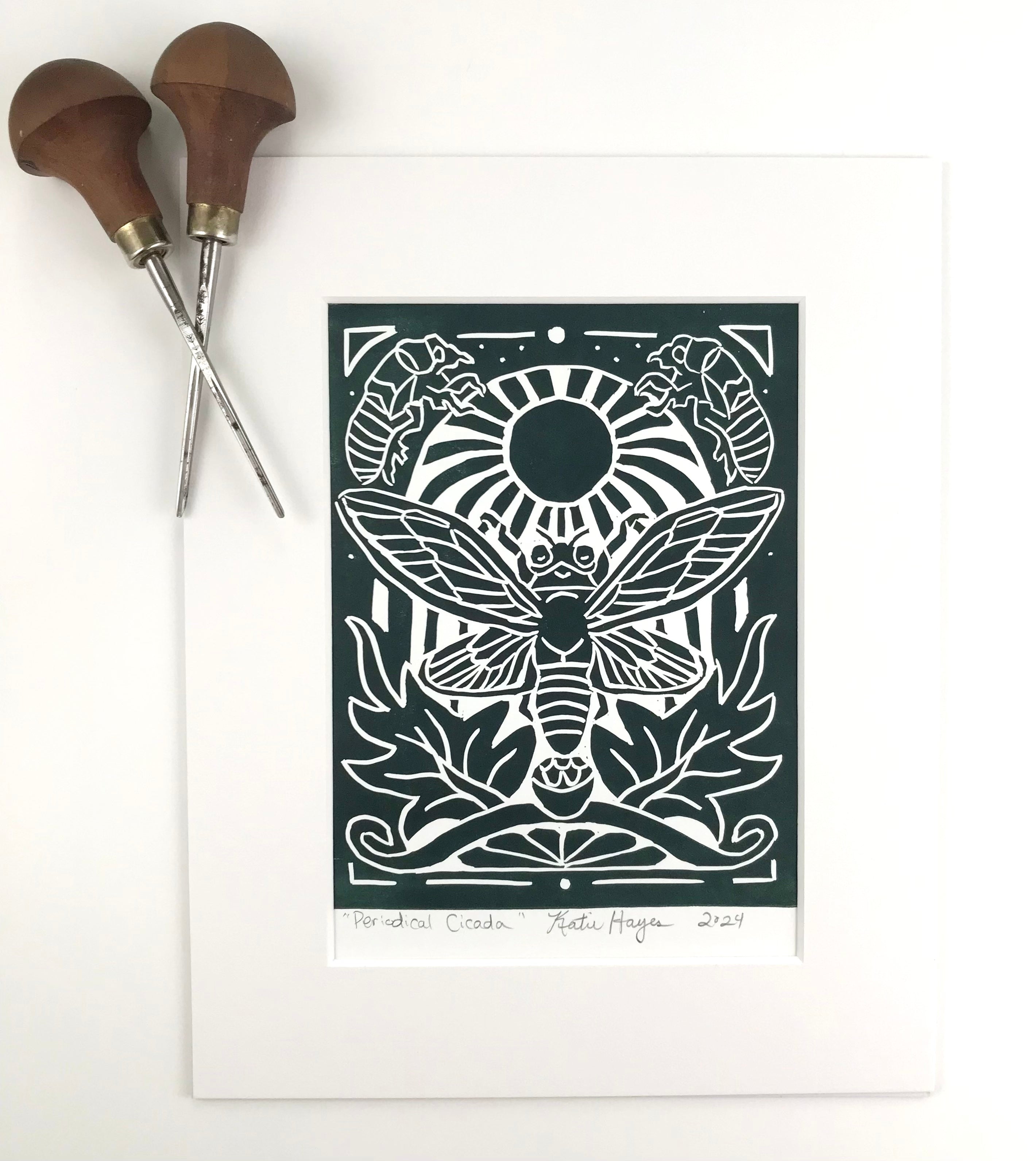 Periodical Cicada, Green Black, Hand Pressed Open Edition Block Print 8x10
