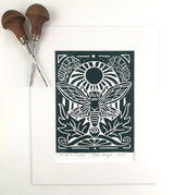 Periodical Cicada, Green Black, Hand Pressed Open Edition Block Print 8x10
