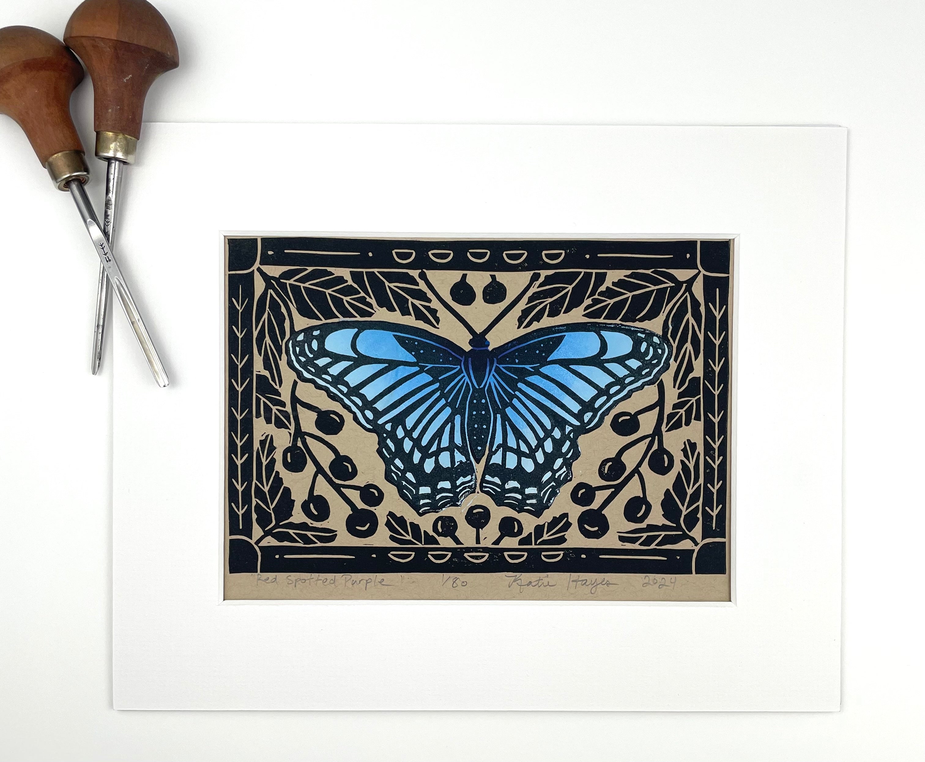 Red Spotted Purple Butterfly, Mini Block Print, Kraft, Limited Edition, pollinator art