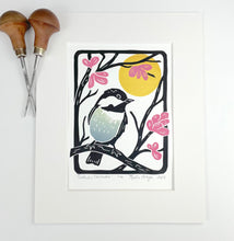 Load image into Gallery viewer, Redbud and Chickadee, Mini Block Print, Woodland wall art
