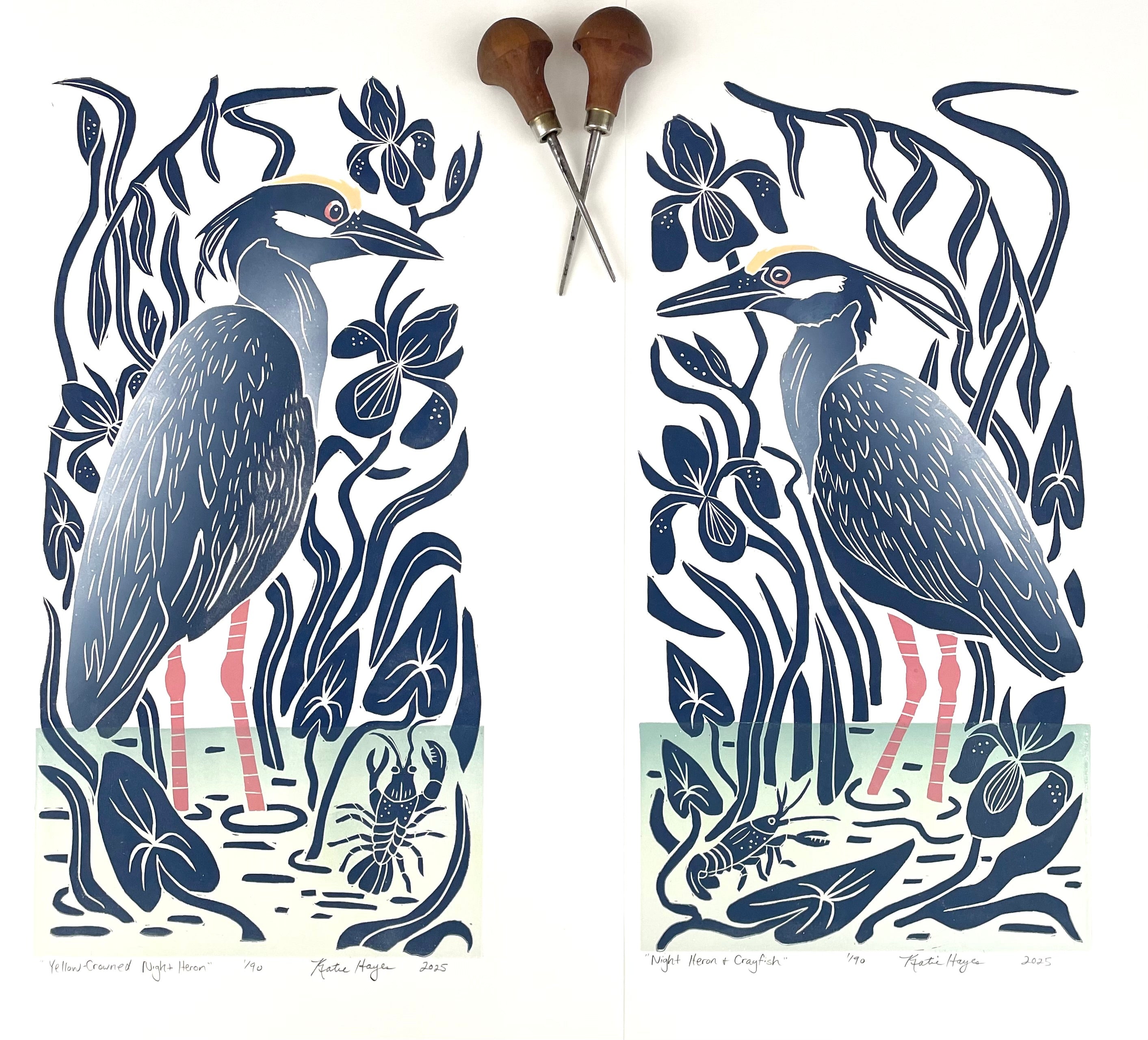 Night Heron and Crayfish. Hand pulled with 13x19 mat