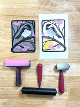 Load image into Gallery viewer, Chickadee in the Redbud Tree, Mini Block Print, Woodland wall art

