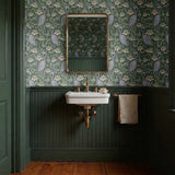 Art Nouveau pattern with herons, water lilies, and reeds in green, white, and lavender tones