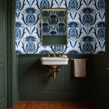 Blue and white tropical pineapple damask pattern with stylized leaves and geometric motifs