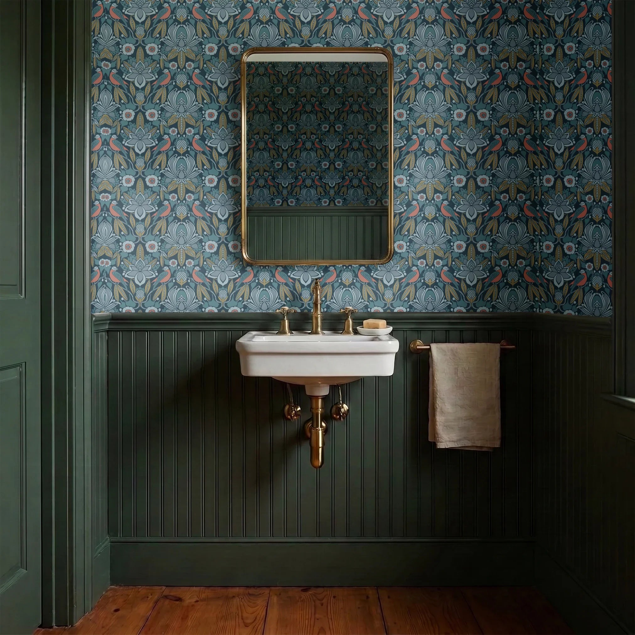 Symmetrical art nouveau pattern with stylized birds, lotus flowers, and foliage in blue, coral, and