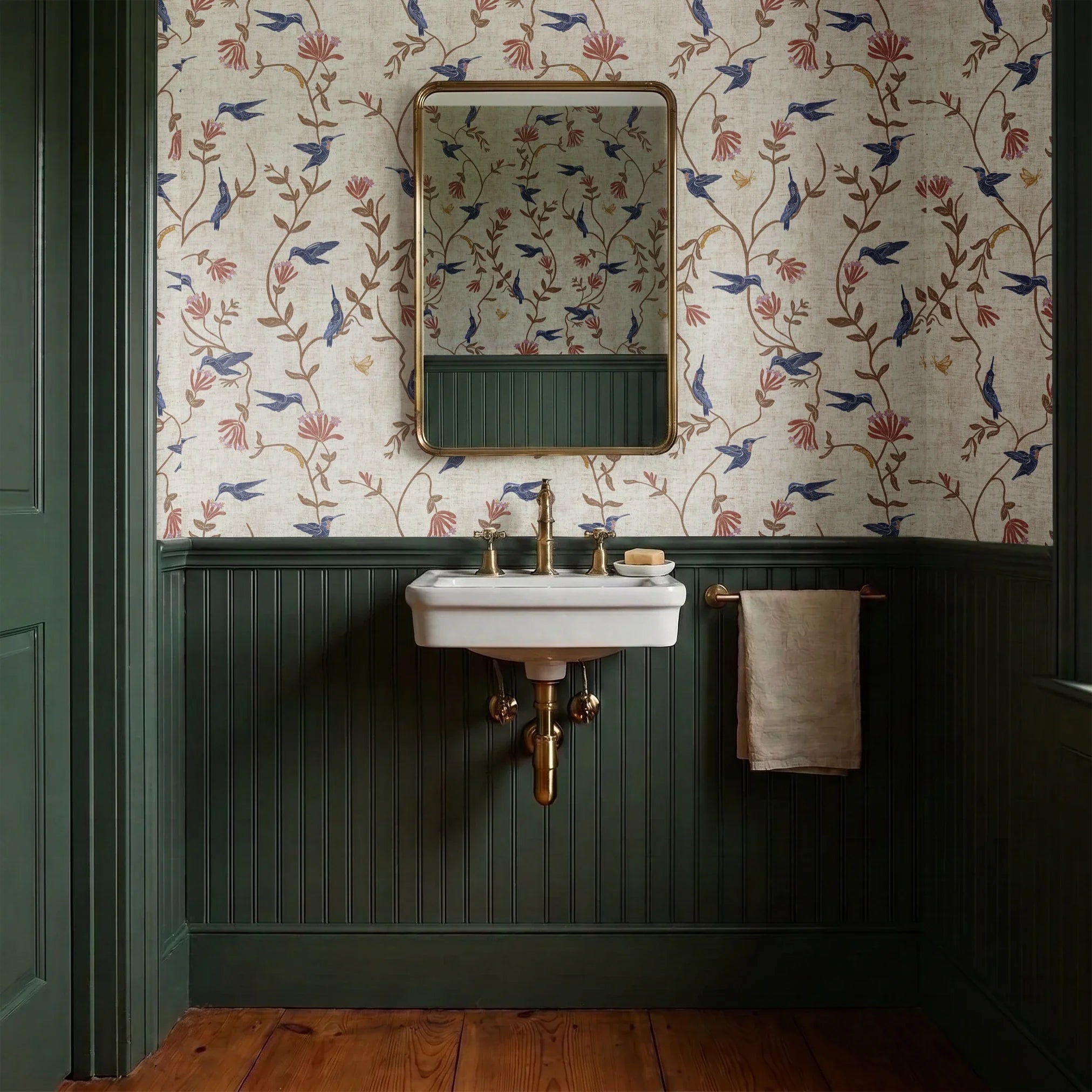 Decorative pattern with blue birds, rust-colored flowers, and brown foliage on cream background