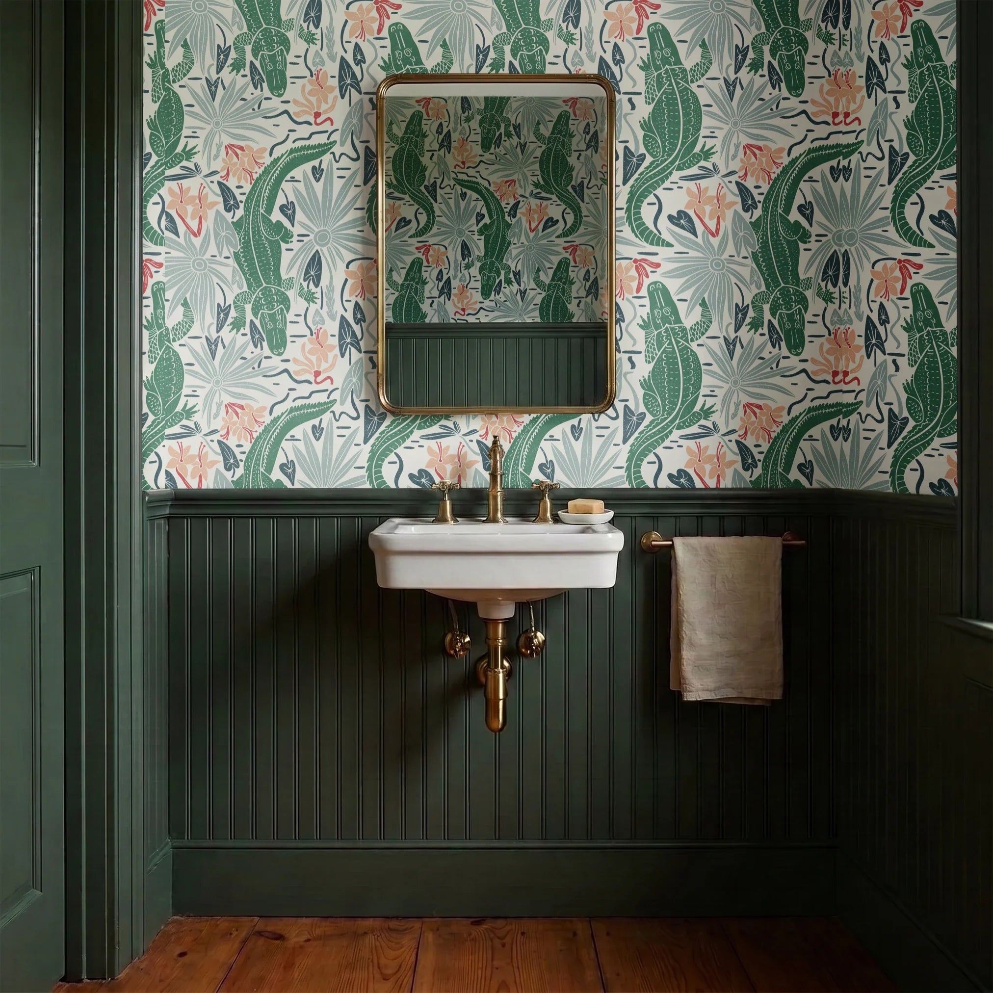 Tropical pattern with alligators, palm leaves, and orchid flowers in green, coral, and cream tones