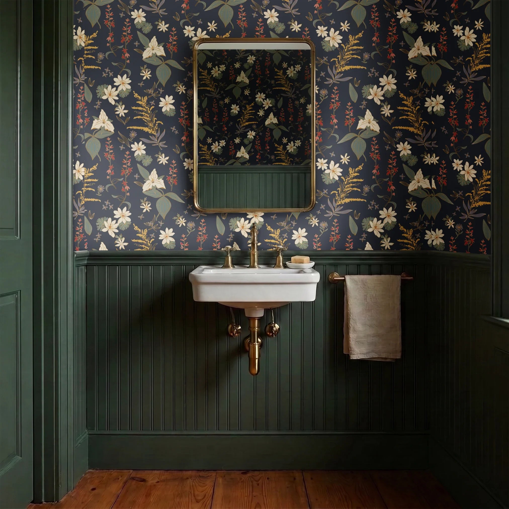 Vintage floral pattern with white flowers, golden stalks, and red blooms on dark gray background