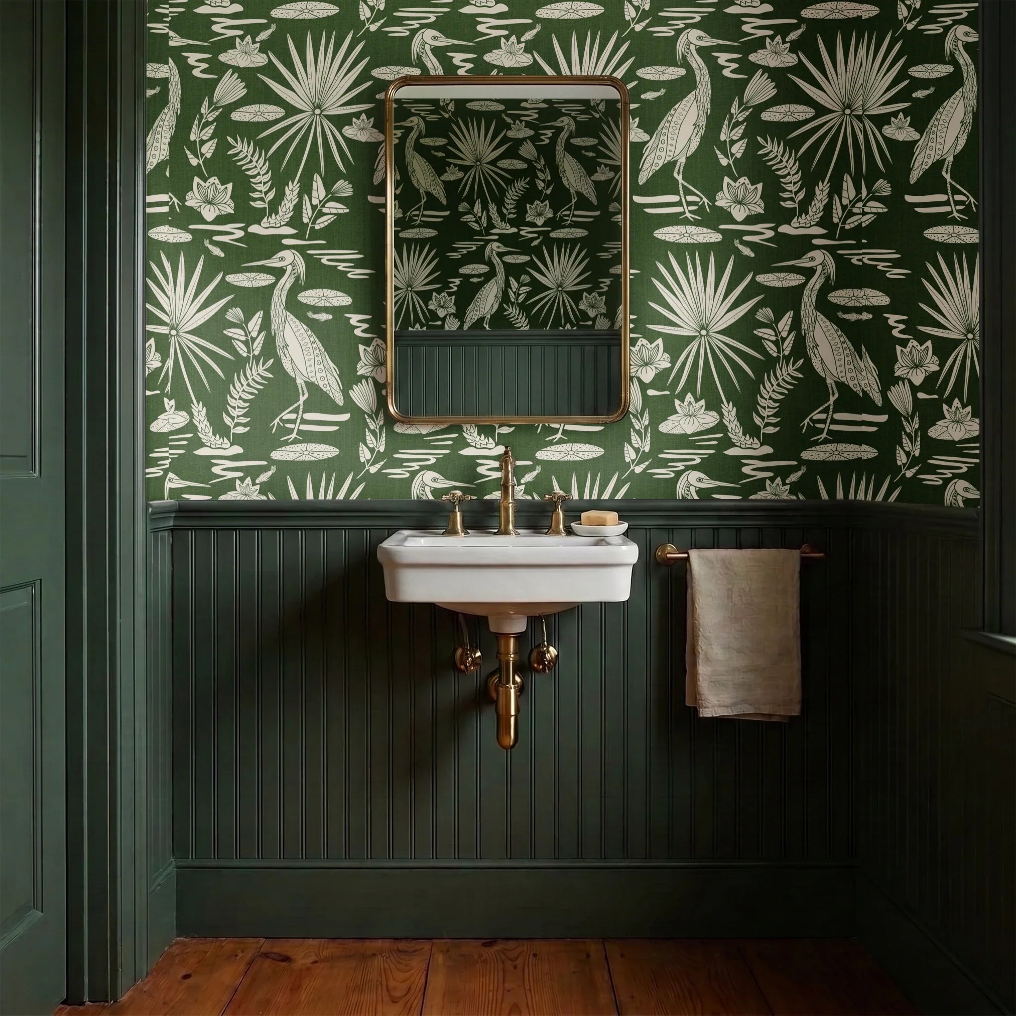 Low Country Egret, White on Moss Green, Large Wallpaper