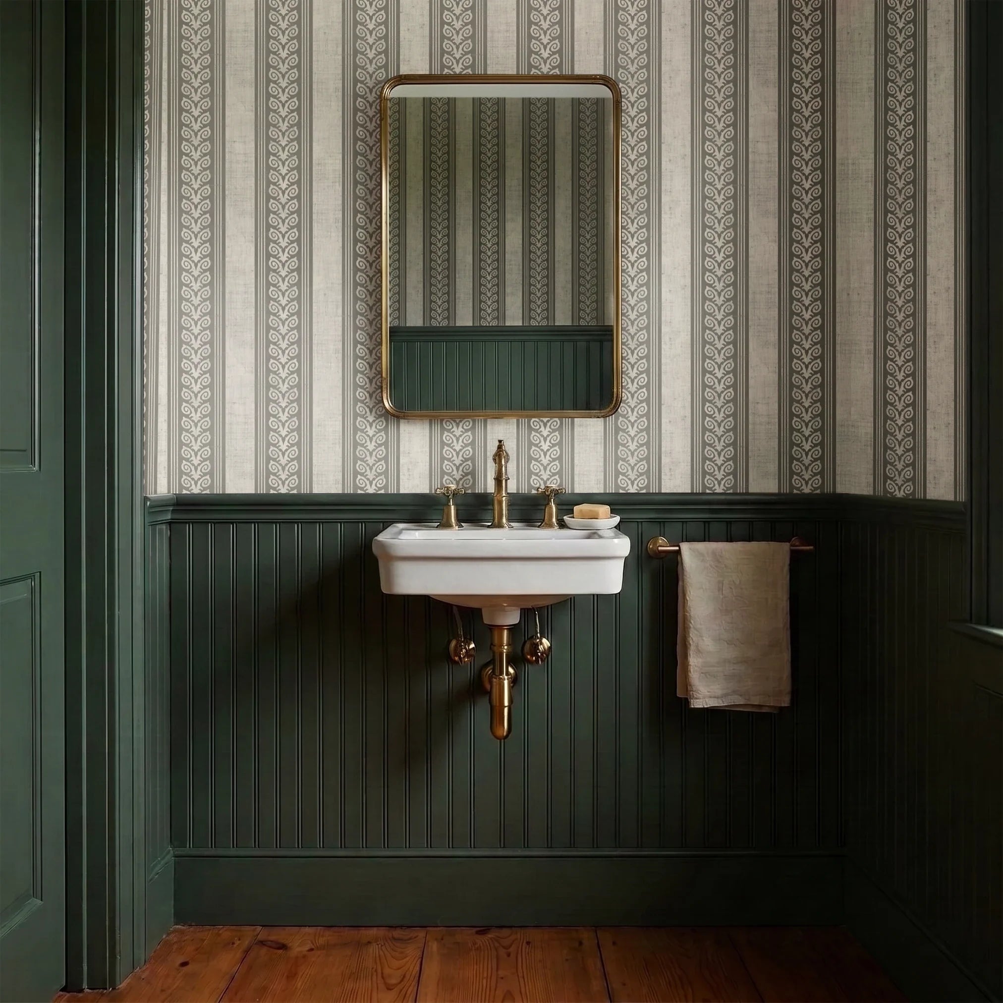 Vertical stripes pattern in beige and white with decorative scrollwork motifs alternating with plain