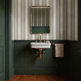 Vertical stripes pattern in beige and white with decorative scrollwork motifs alternating with plain