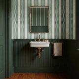 Vertical striped pattern with ornate scrollwork borders in sage green and cream tones