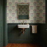 Art Nouveau wallpaper pattern with stylized flowers in purple and teal on beige background