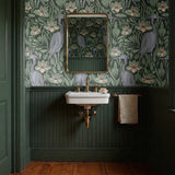 Art Nouveau pattern with herons, water lilies, and foliage in green, blue, and cream tones