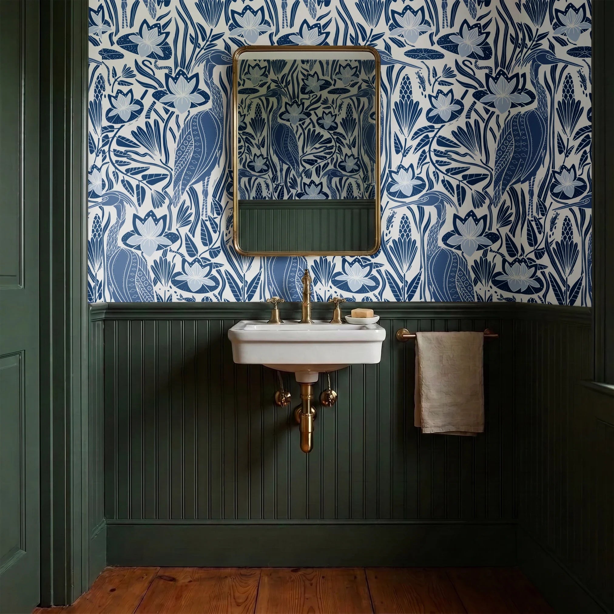 Blue and white decorative pattern with birds, flowers, and foliage in folk art style
