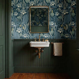 Blue-green botanical pattern with stylized flowers, leaves, and swans in Art Nouveau style