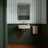 Vertical stripes with blue floral vine pattern on cream and light blue background