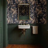 Herons and cranes among reeds and flowers in beige on dark navy blue background
