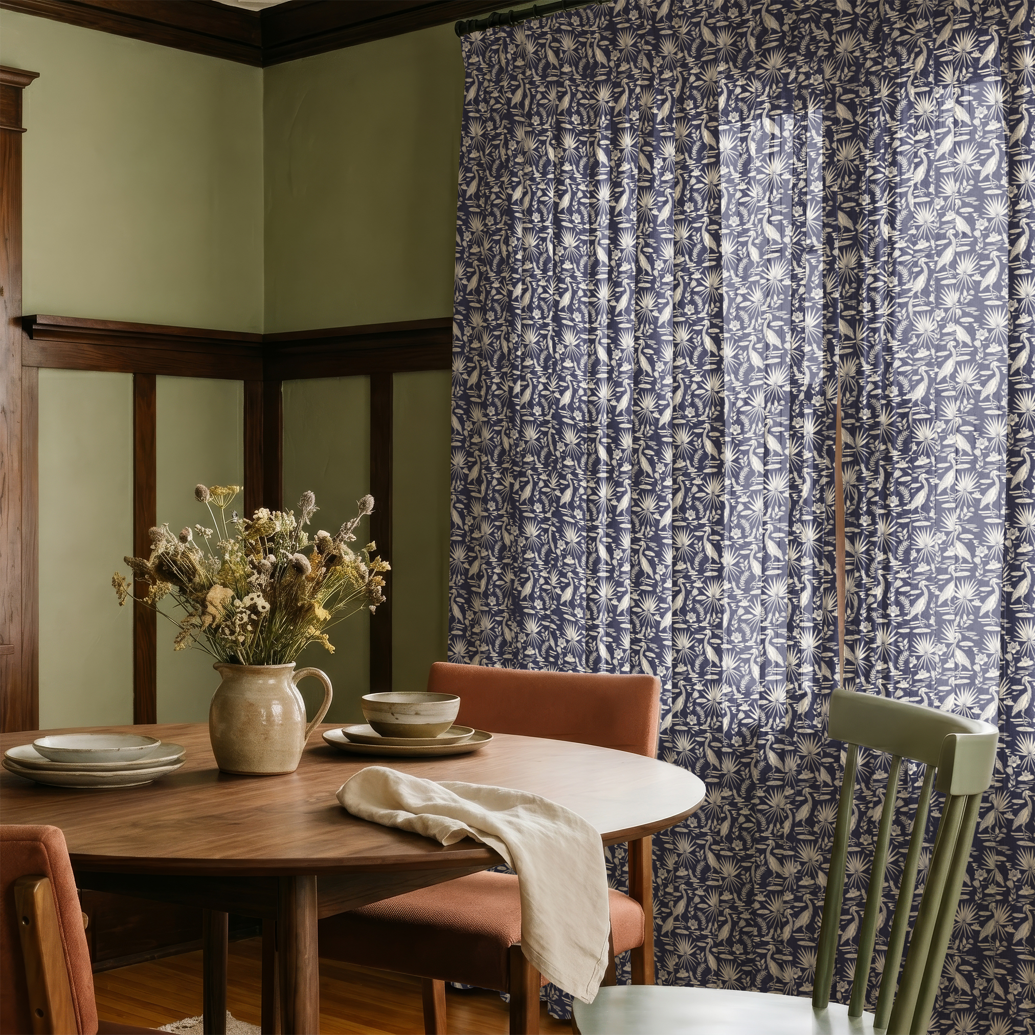 Low Country Egret Navy - Small 6 inch wide repeat  Fabric