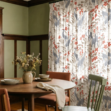 Decorative pattern with gray herons, beige rabbits, and coral-red flowers on white background