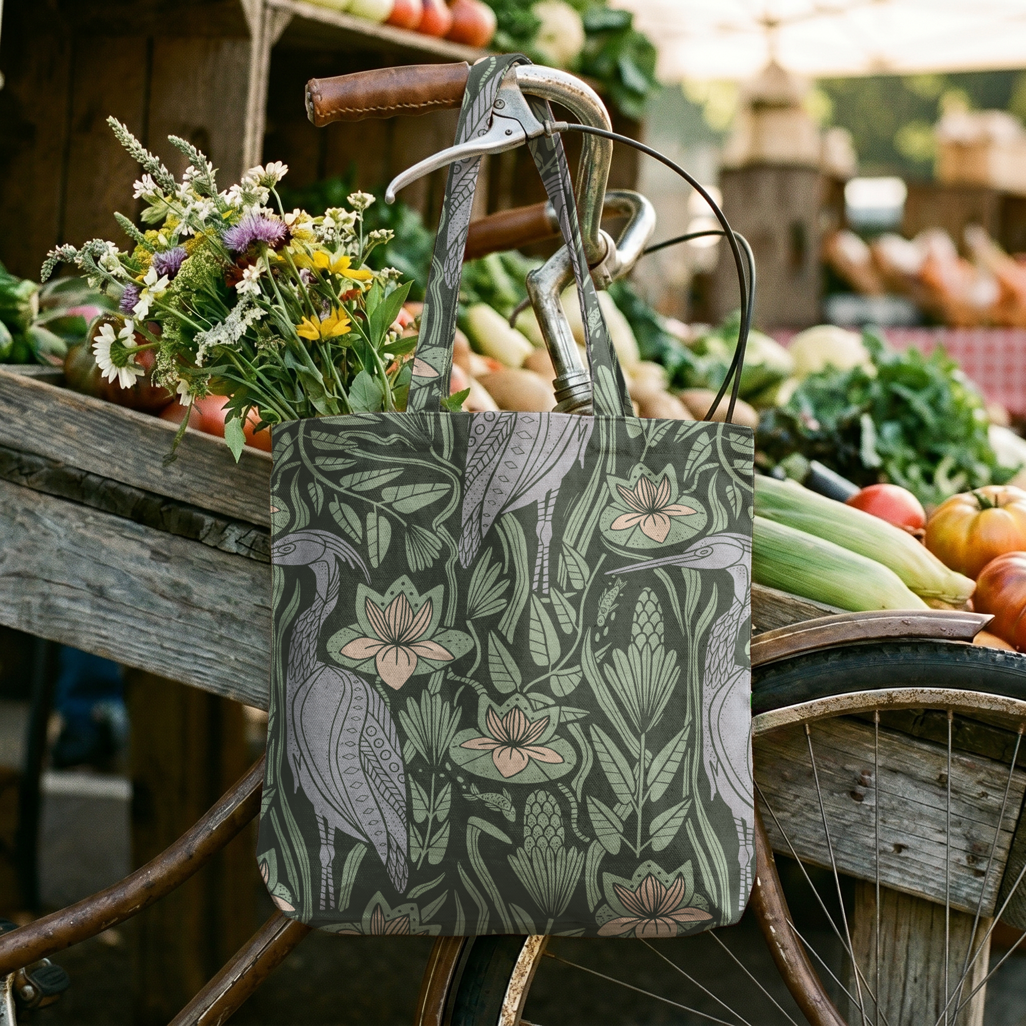Great Blue Heron, Green and Slate - Large 12 inch wide repeat  Fabric