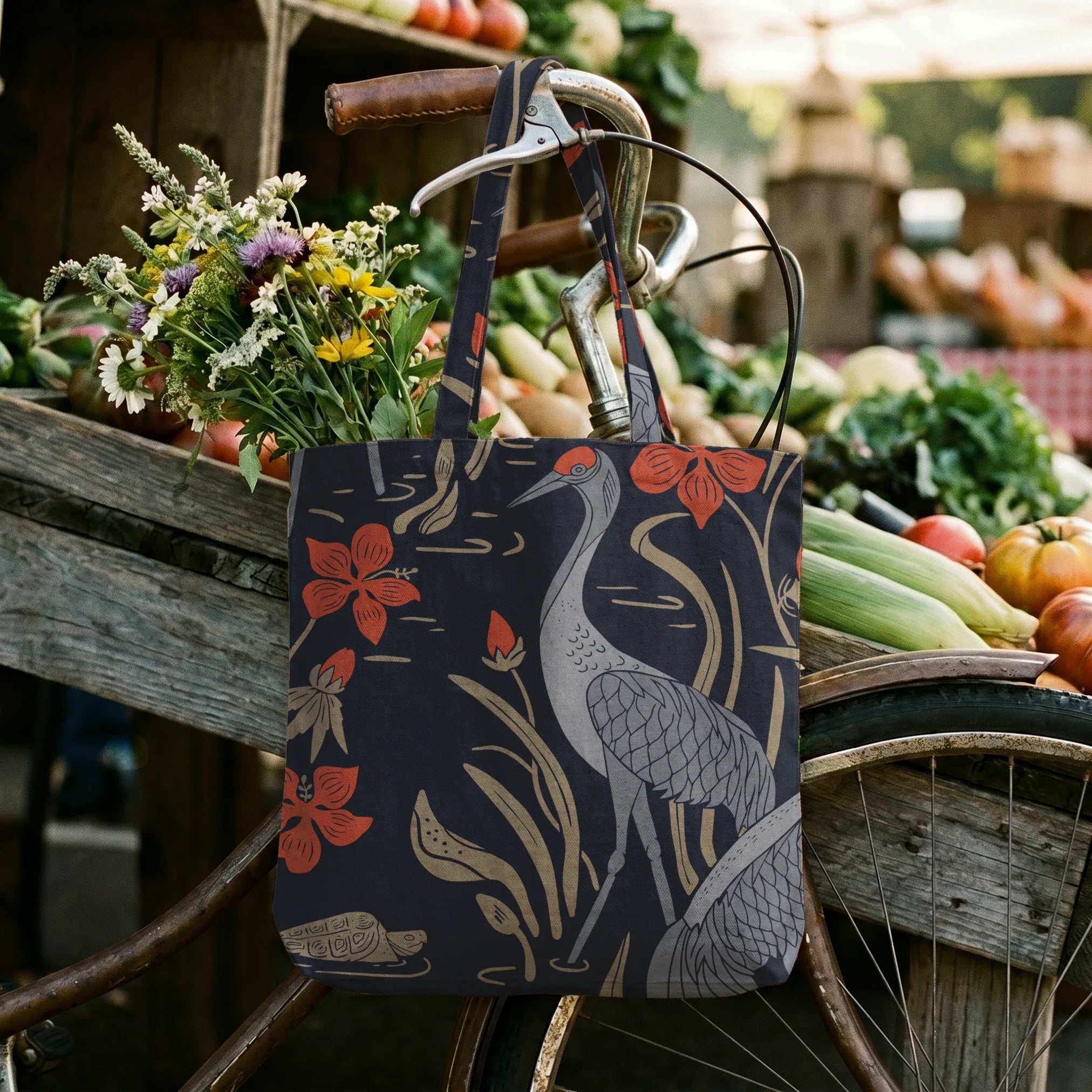 Herons and cranes among reeds and red flowers on dark blue background in decorative pattern
