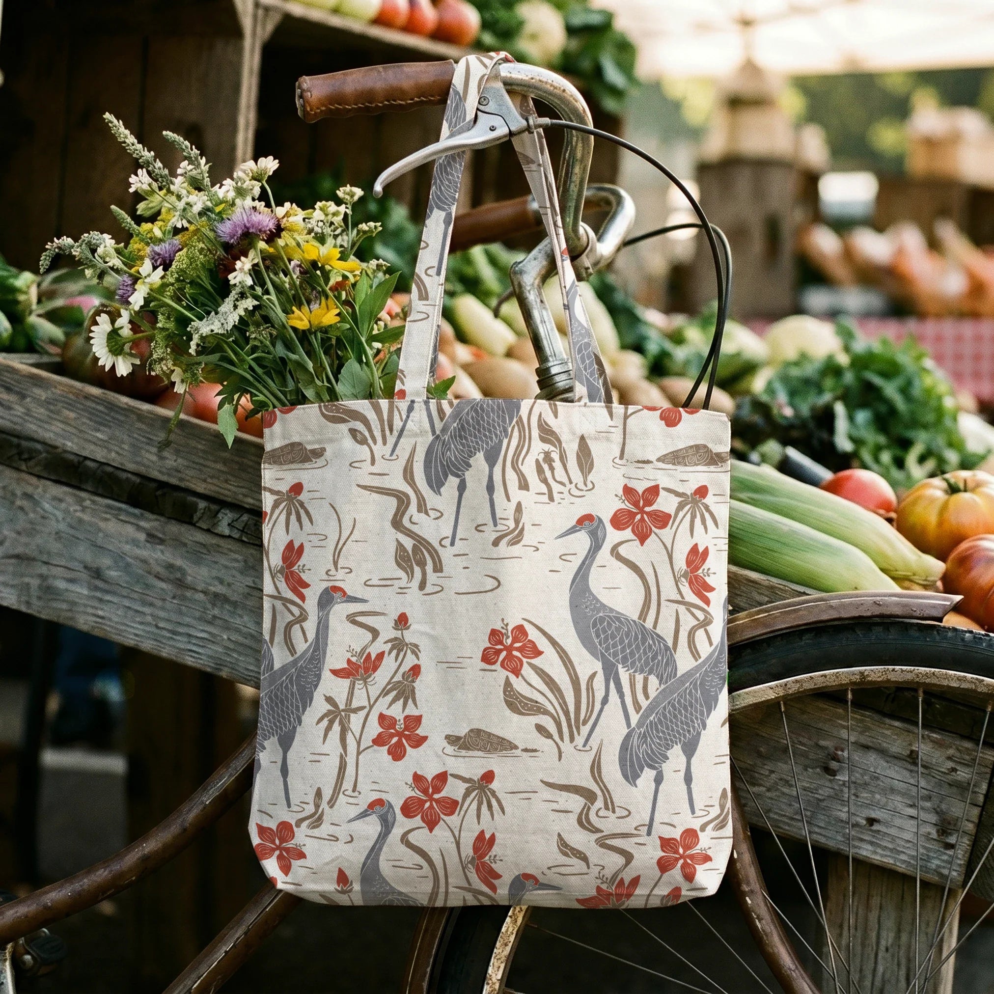 Decorative pattern with gray herons, brown rabbits, and red-orange flowers on white background