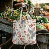 Decorative pattern with gray herons, brown rabbits, and red-orange flowers on white background