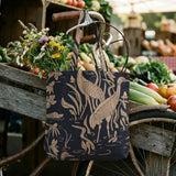 Elegant herons and cranes with flowers in beige on dark navy blue background, nature pattern