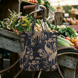 Cranes and flora pattern in beige on dark blue background with Asian-inspired design