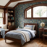 Dark botanical pattern with birds, hedgehogs, flowers and foliage in muted tones