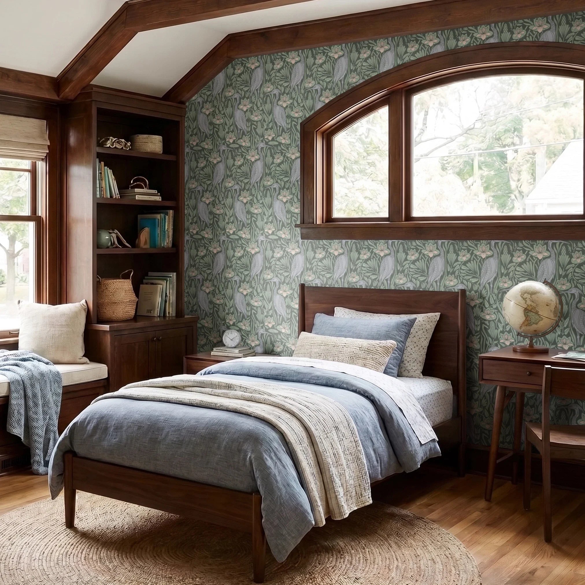 Art Nouveau pattern with herons, water lilies, and reeds in green, white, and lavender tones