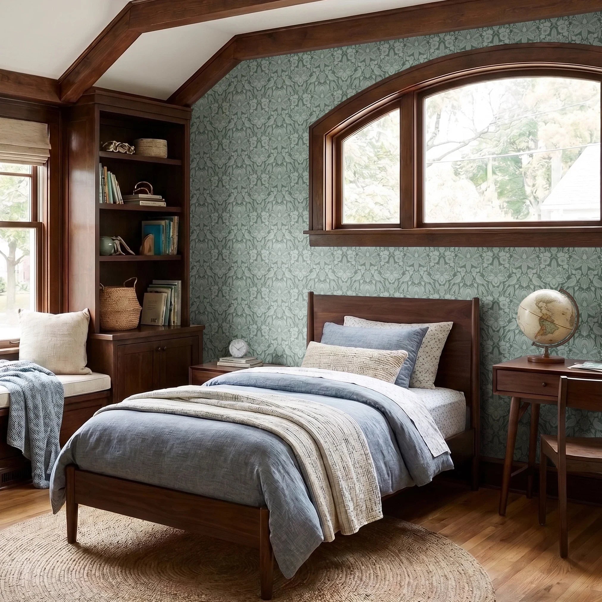 Ornate Art Nouveau floral pattern with stylized lotus flowers and foliage in sage green tones
