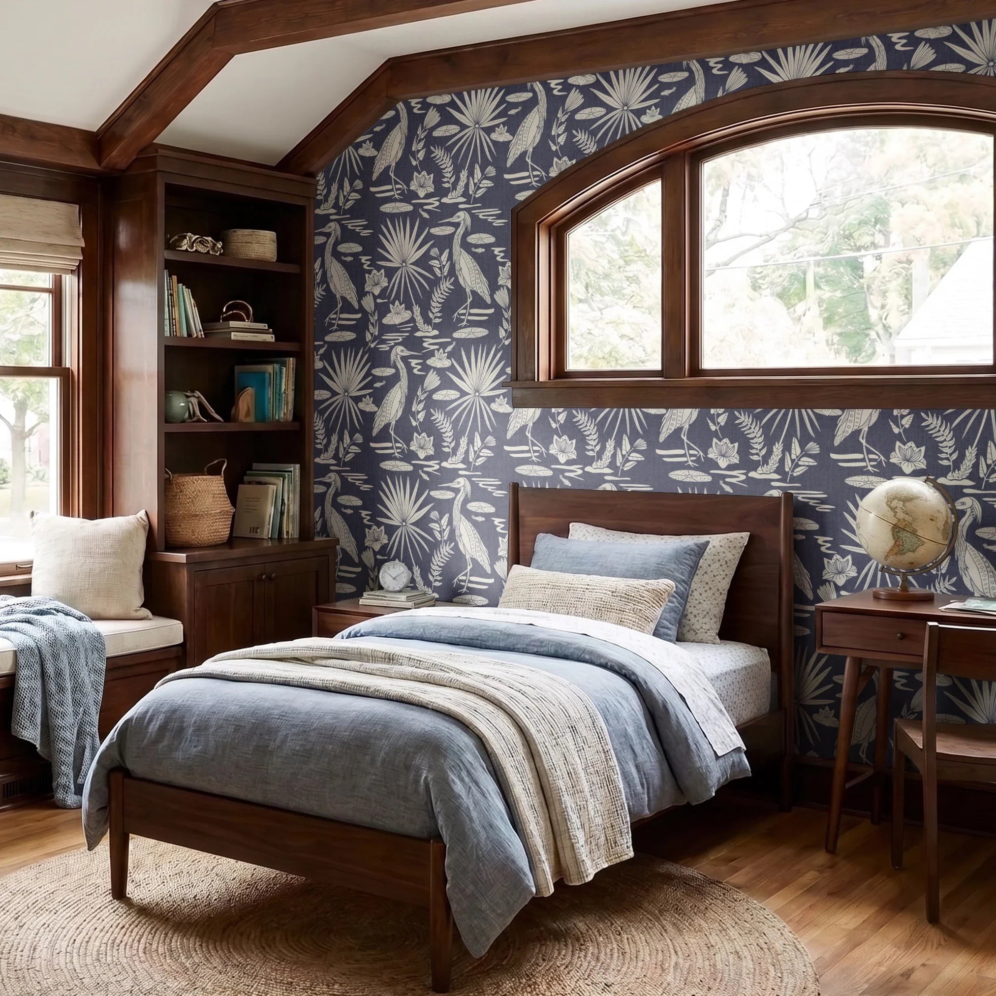 Navy blue background with white tropical birds, palm fronds, and botanical motifs in repeating patte