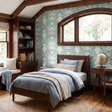Symmetrical sea-themed pattern in sage green and white featuring crabs, starfish, shells, and marine