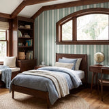 Vertical striped pattern with ornate scrollwork borders in sage green and cream tones
