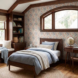 Herons and cranes among red flowers and beige foliage in Asian-inspired decorative pattern