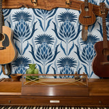 Blue and white tropical pineapple damask pattern with stylized leaves and geometric motifs