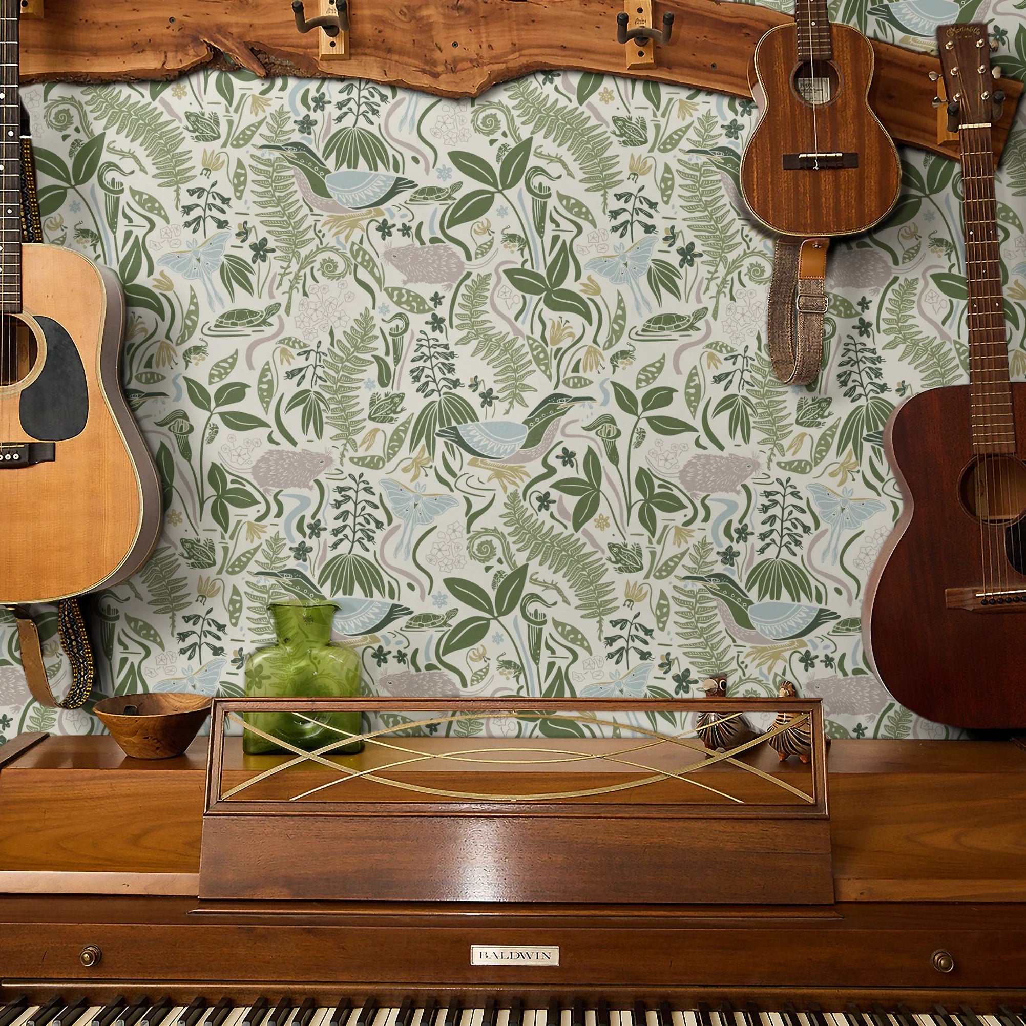 Decorative botanical pattern with green ferns, leaves, mushrooms, and flowers on cream background