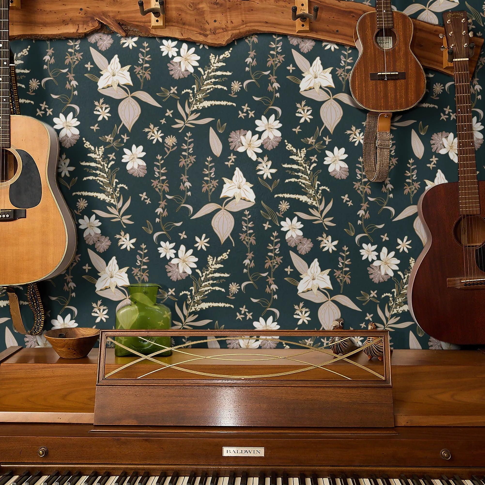 Vintage botanical pattern with cream and pink flowers on dark green background