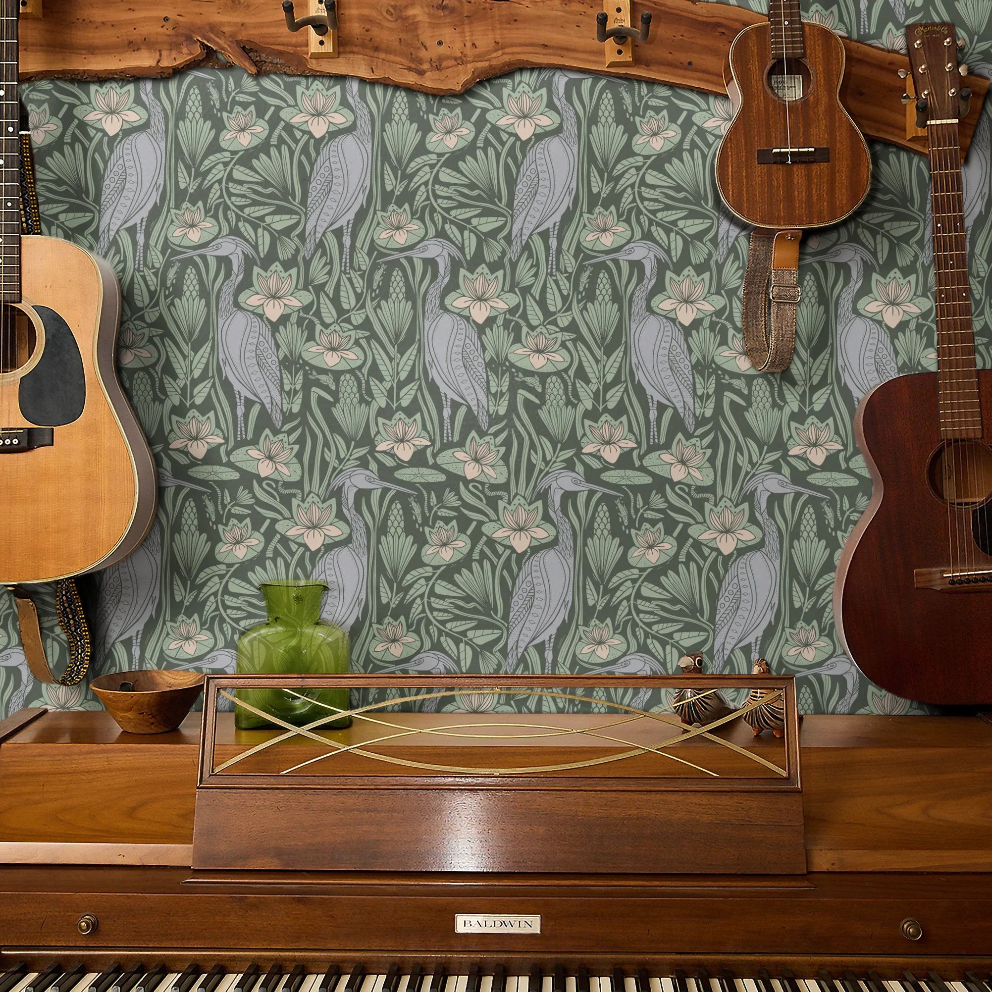 Art Nouveau pattern with herons, water lilies, and reeds in green, white, and lavender tones