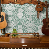 Symmetrical sea-themed pattern in sage green and white featuring crabs, starfish, shells, and marine