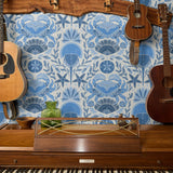 Symmetrical blue and white maritime pattern with starfish, crabs, shells, and fish motifs